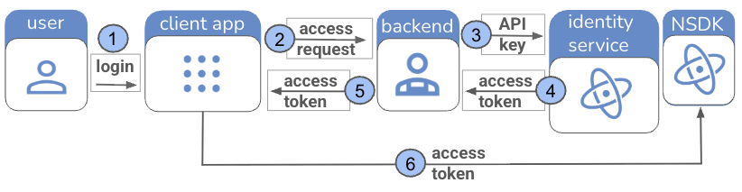 NSDK production app token flow: client → backend access request → API key → access token.