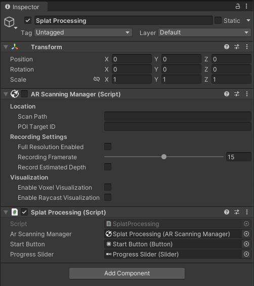 The Splat Processing inspector with the serialized fields assigned to the UI elements that we created and the disabled AR Scanning Manager