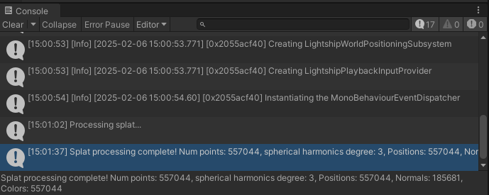 Unity console showing successful splat processing complete logs