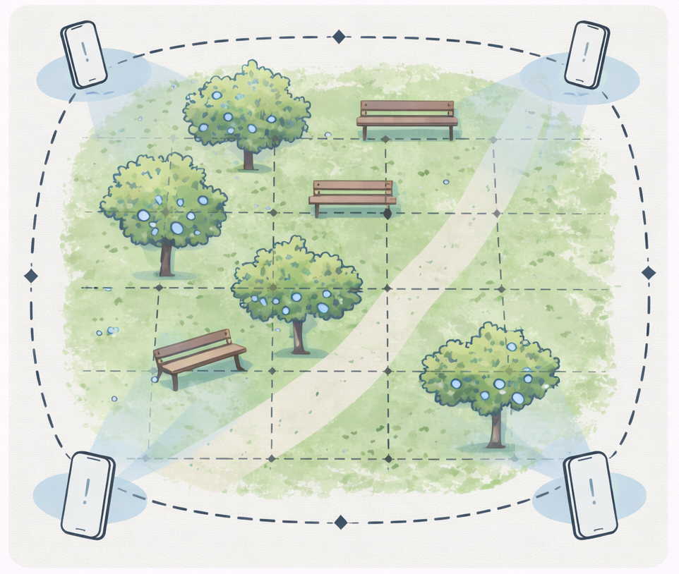 Large outdoor park with trees and benches, dotted perimeter path connecting device positions at each corner.